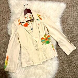 Womens Johnny Was Embroidered Cotton Beige Cream White Blazer Jacket Size S